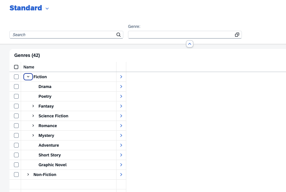 A hierarchical tree view in a user interface displays a list of genres and subgenres such as Fiction, Mystery, and Science Fiction. Each genre can be expanded to reveal related subcategories. The interface uses folder and document icons to indicate expandable and leaf nodes. The environment is a clean, modern application window with a neutral tone, designed for browsing and selecting genres.