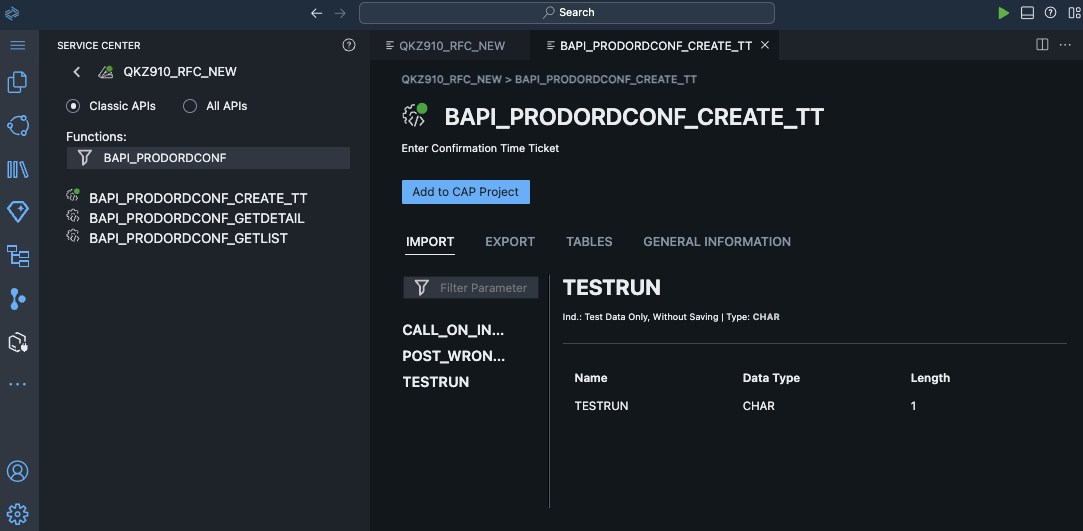 Shows the VS code editor with the service center pane open and a function of an API is selected. It can be added to the CAP project using a button.