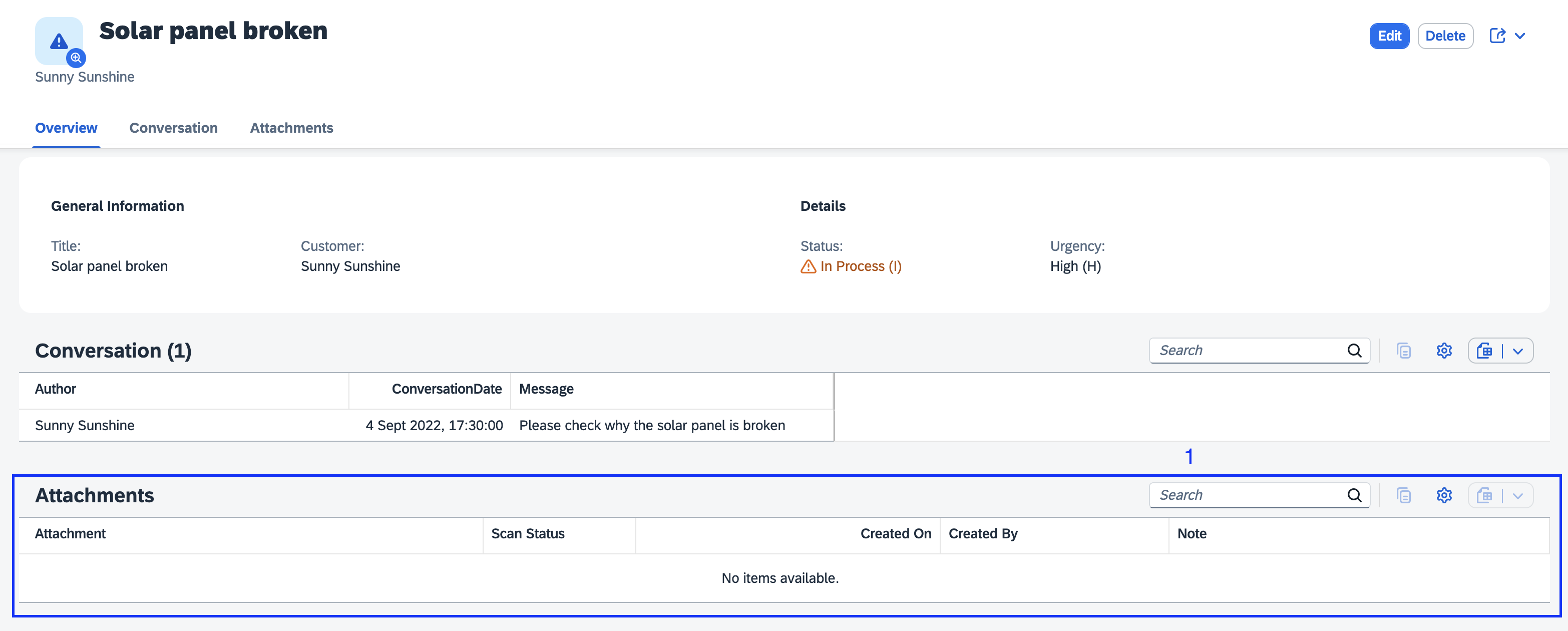 Screenshot showing the Attachments Table in a fiori app