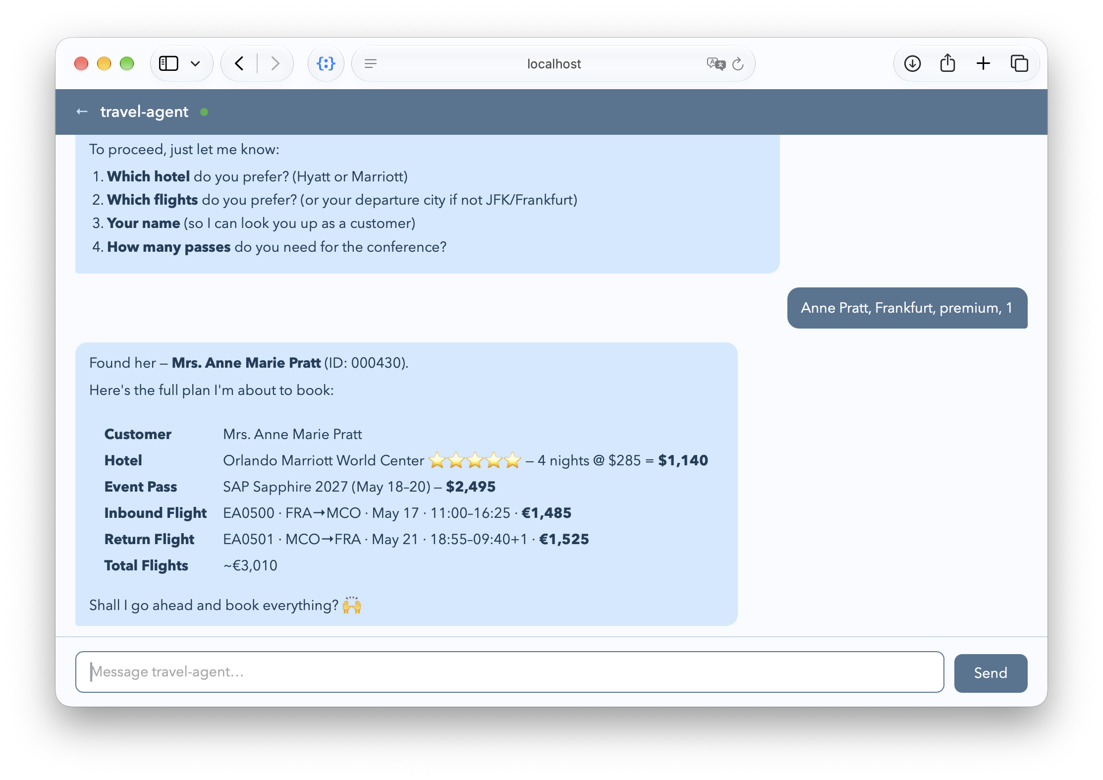 Chat preview showing the chosen itinerary