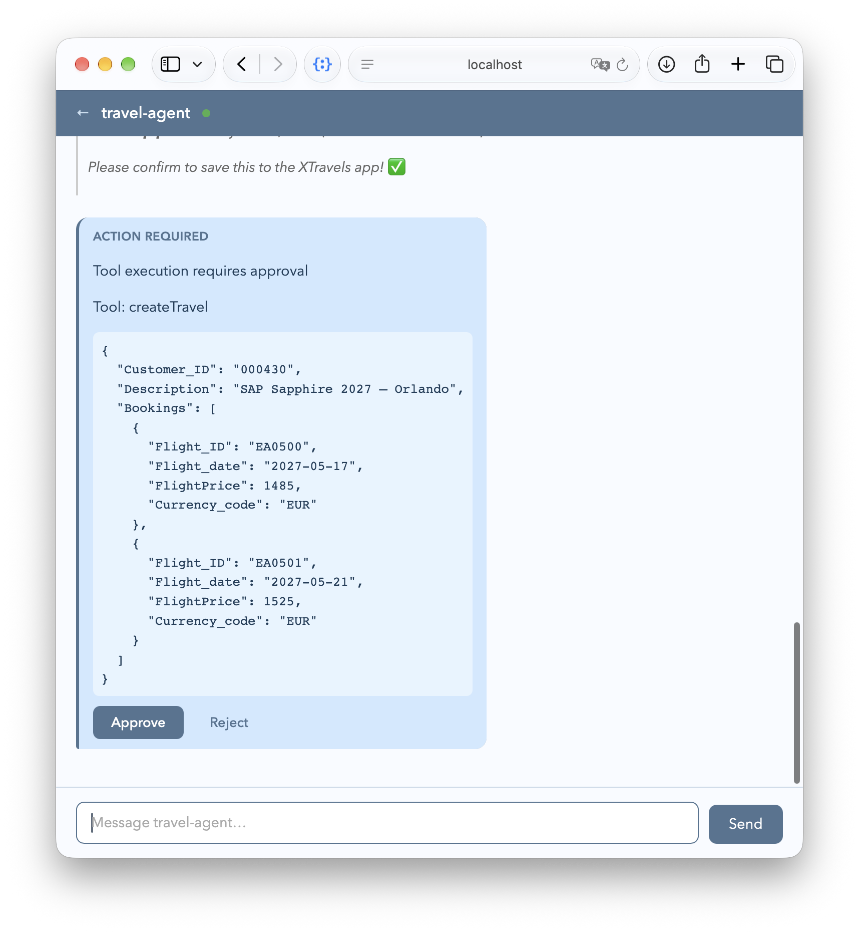 Chat preview asking for approval to call the createTravel action
