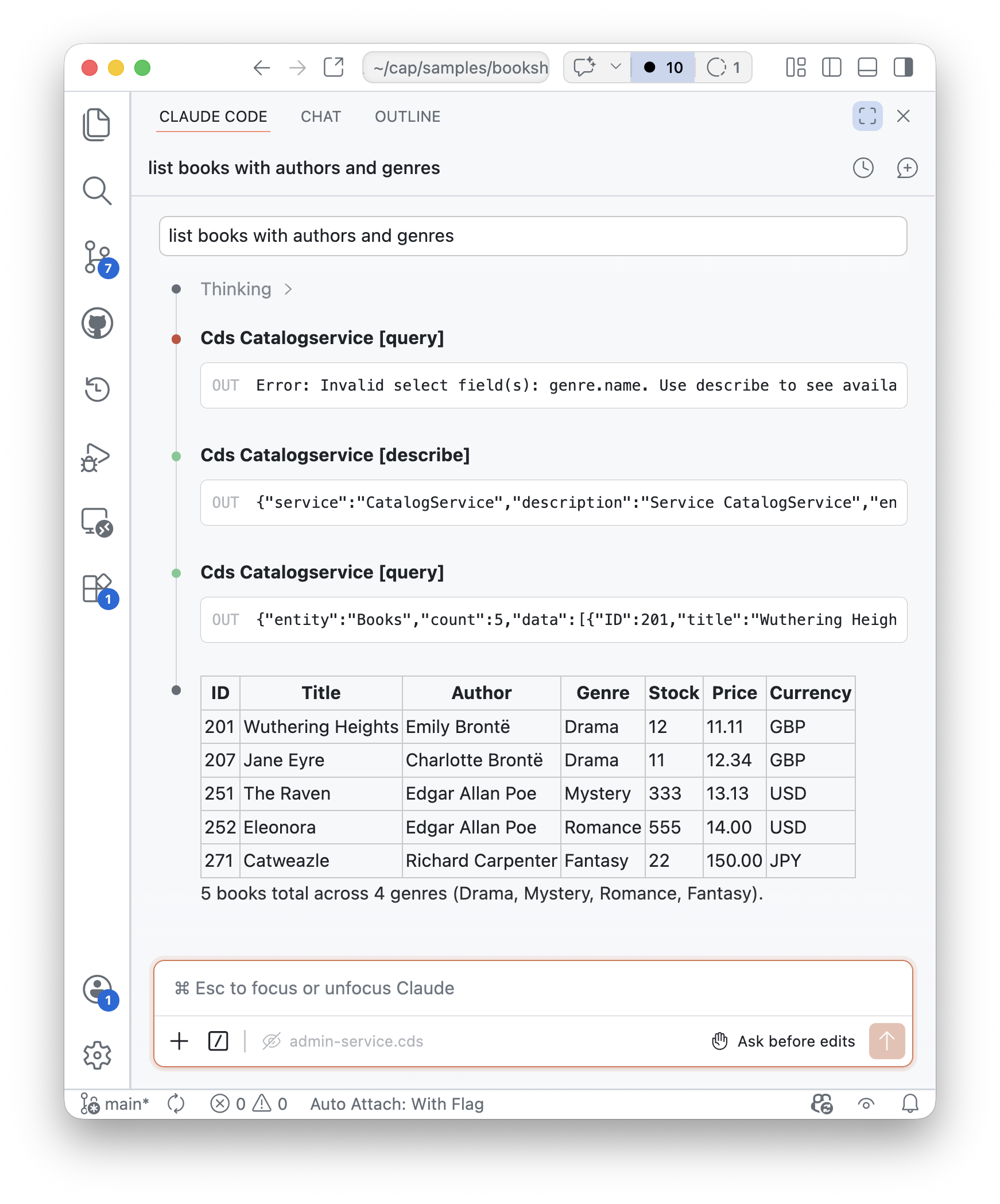 Claude Code interface displaying query results in VSCode editor with a table showing books data, a sidebar with available tools and prompts, and syntax highlighting indicating the integration of MCP tools with the code editor environment