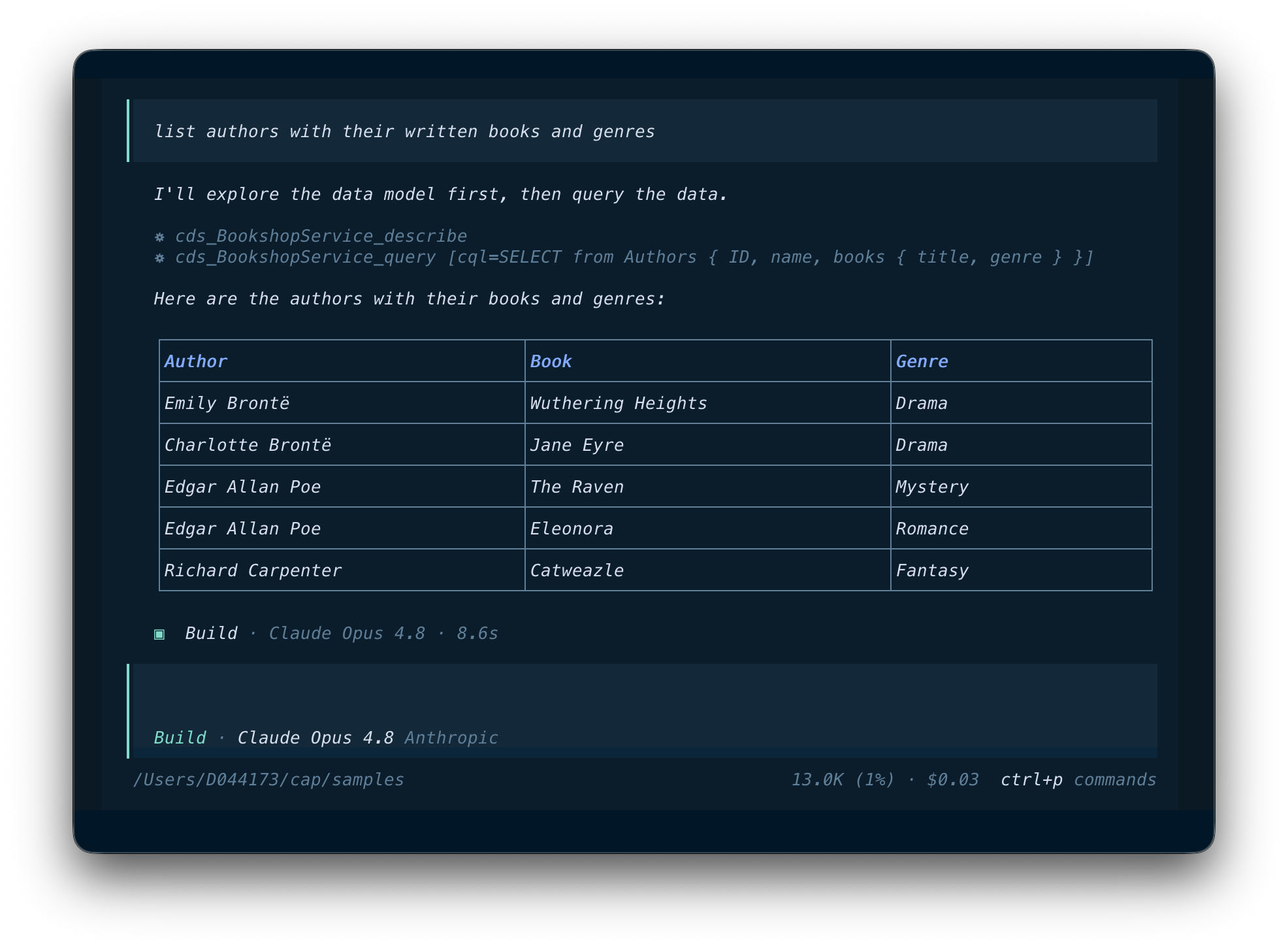 CQL query result showing authors with their written books and genres