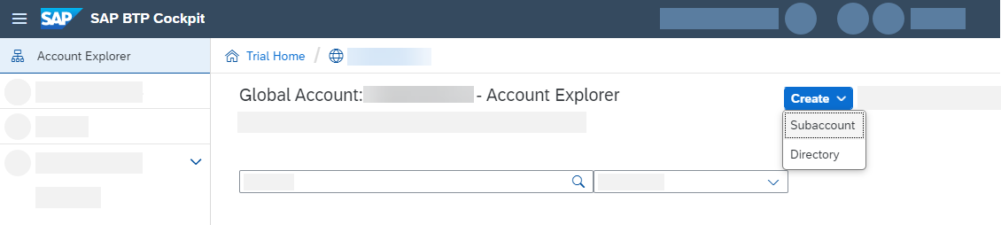 Global Account view to create a subaccount.