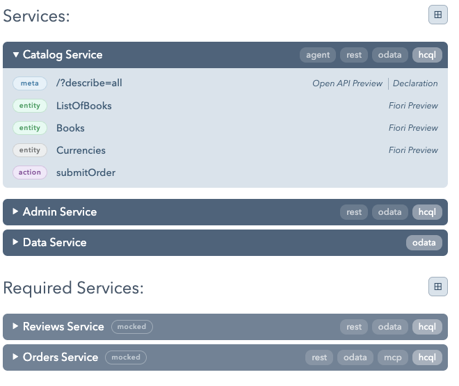 Development service browser grouping services and required services with protocol-selection controls