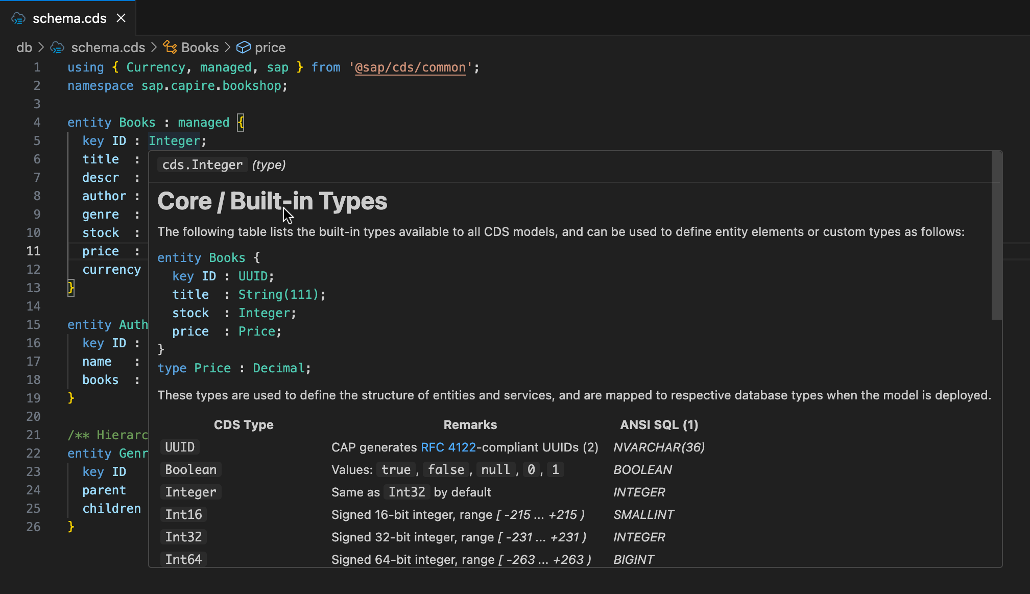 Screenshot of the CDS editor displaying a tooltip for the built-in type String. The tooltip provides detailed documentation, including the type name String, its description Text of arbitrary length, and additional information about its usage and constraints. The editor interface is clean and modern, with a focus on accessibility and clarity. The overall tone is informative and supportive, helping users understand the built-in type in context.