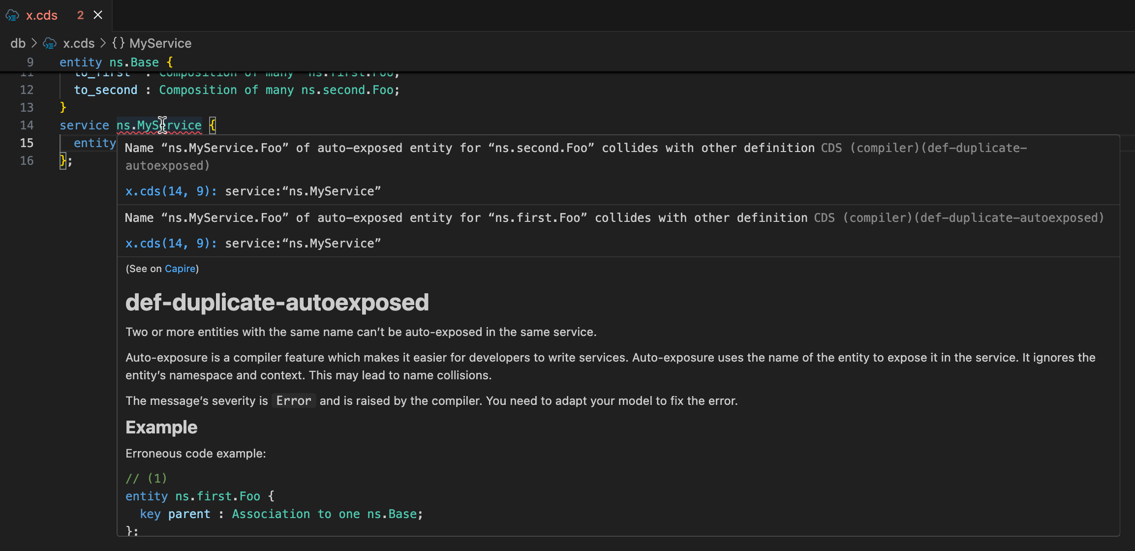 Screenshot of the CDS editor displaying a tooltip that explains a compiler error message. The tooltip provides detailed information about the error, including the error code, a description, and suggested actions to resolve the issue. The editor interface is modern and user-friendly, with a focus on accessibility and clarity. The overall tone is informative and supportive, helping users understand and fix compiler errors efficiently. Text in the image includes: Compiler messages explained.