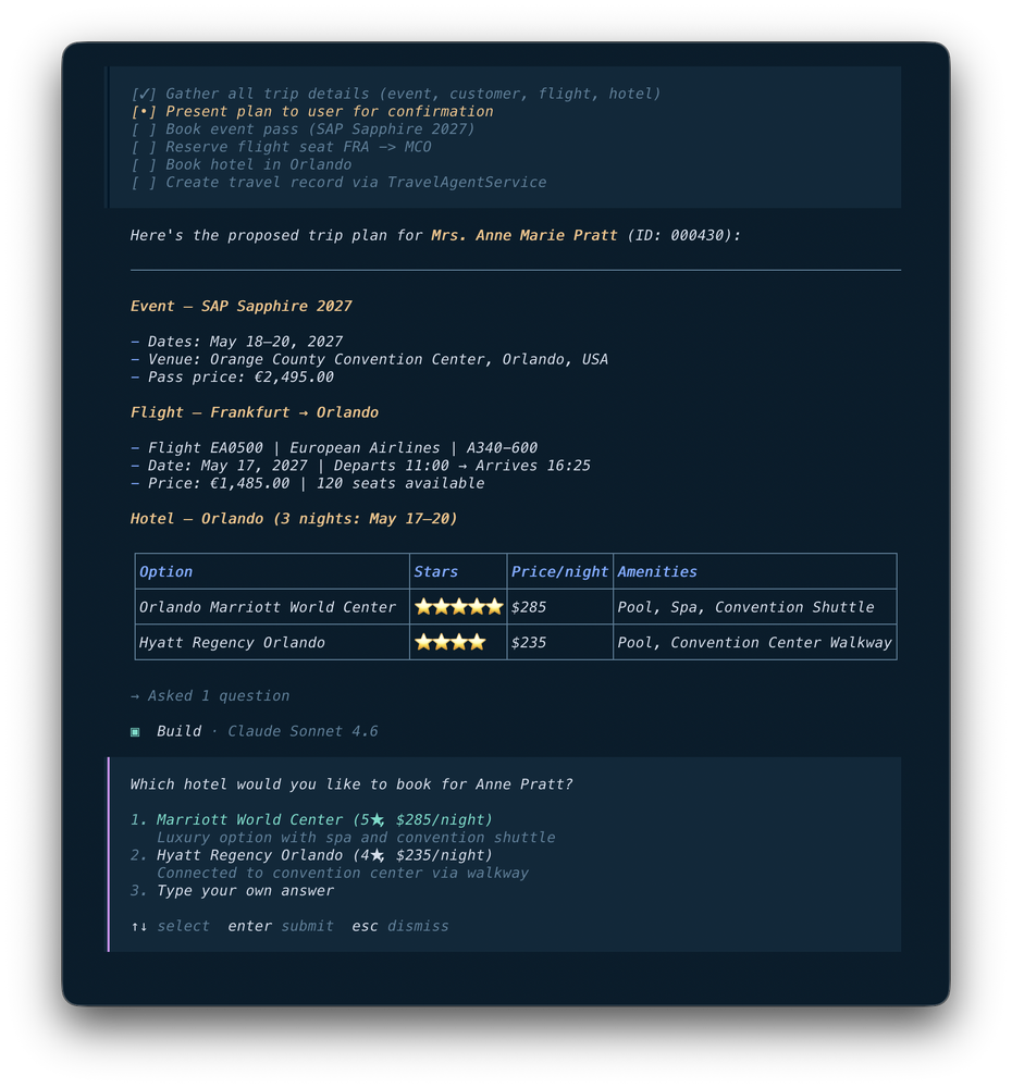 OpenCode chat interface showing the prompt Plan a trip to Sapphire 27 and a generated proposed trip plan with coordinated event, hotel, and flight details. The scene is a developer desktop chat environment with a practical planning tone.