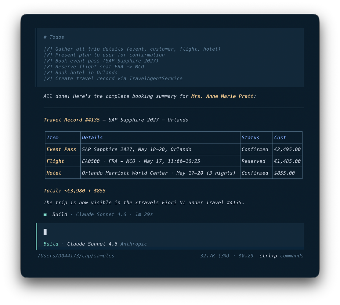 OpenCode chat interface showing confirmed booked travel details after planning, indicating that event attendance, accommodation, and transportation were booked. The scene is a developer desktop chat environment with a successful and task-complete tone.