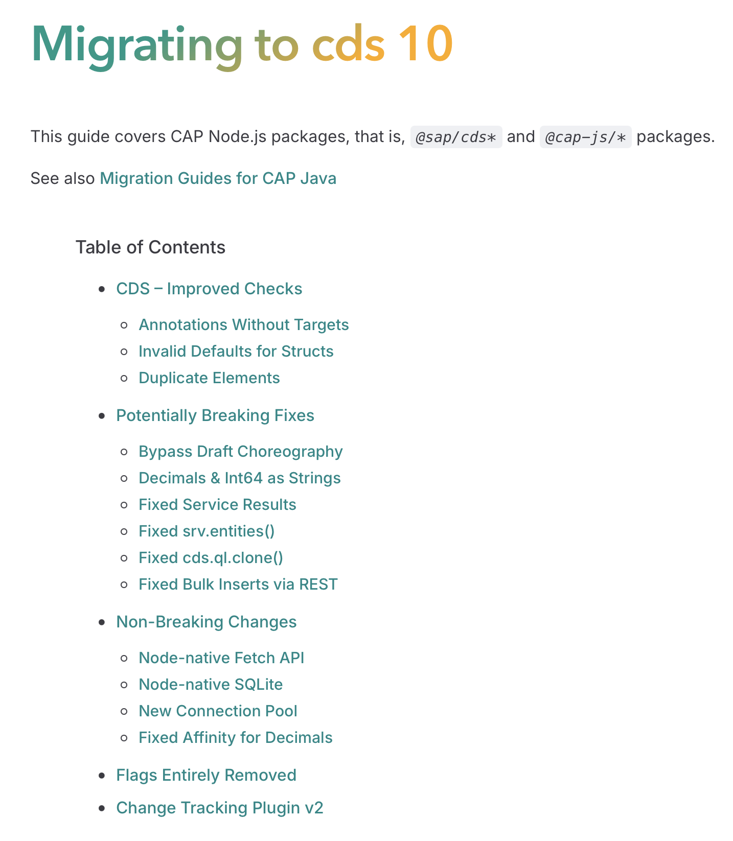 Comprehensive migration guides resource showing documentation structure with sections for breaking changes, new features, and best practices for upgrading CAP projects, presented in a clear layout with organized categories and helpful reference materials