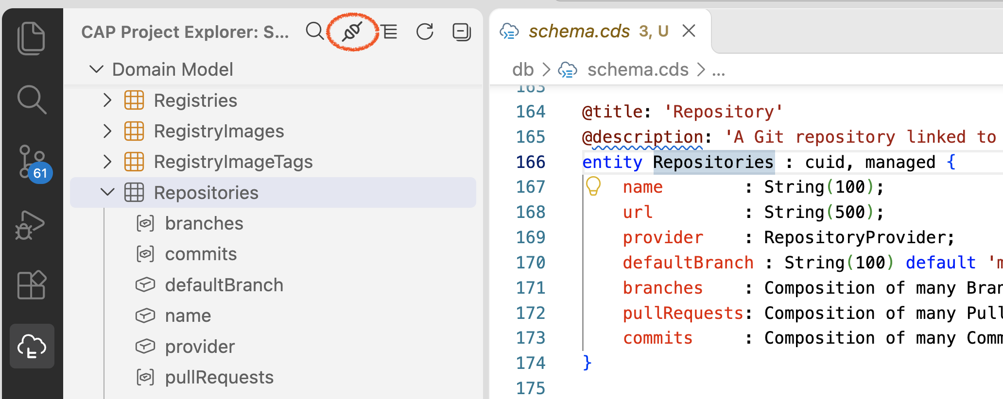 CAP Project Explorer's toggle button to link with the editor