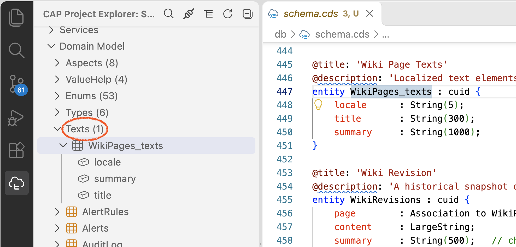 CAP Project Explorer with the texts folder