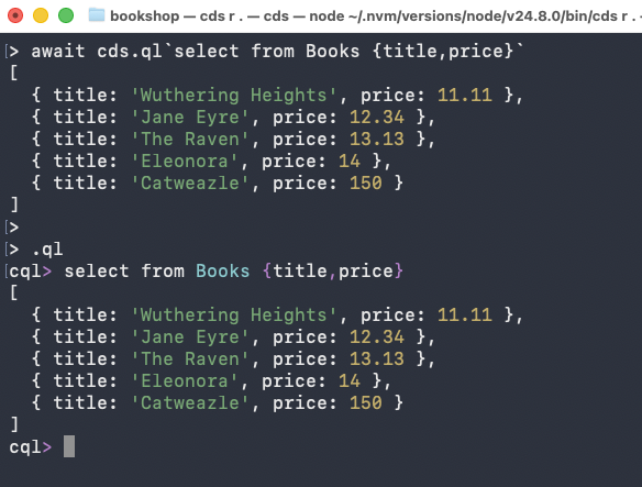 Screenshot of a terminal window showing the CDS REPL in query mode. The terminal displays the prompt 'cql>' followed by a CDS query selecting title and price from Books, with the query results displayed in a table format below.