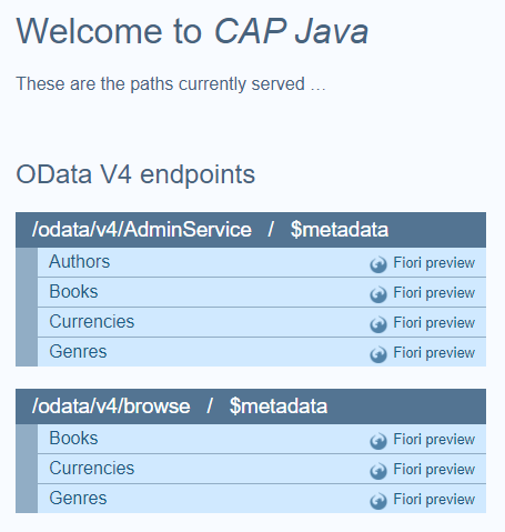 Generic welcome page generated by CAP that list all endpoints. Eases jumpstarting development and is not meant for productive use.