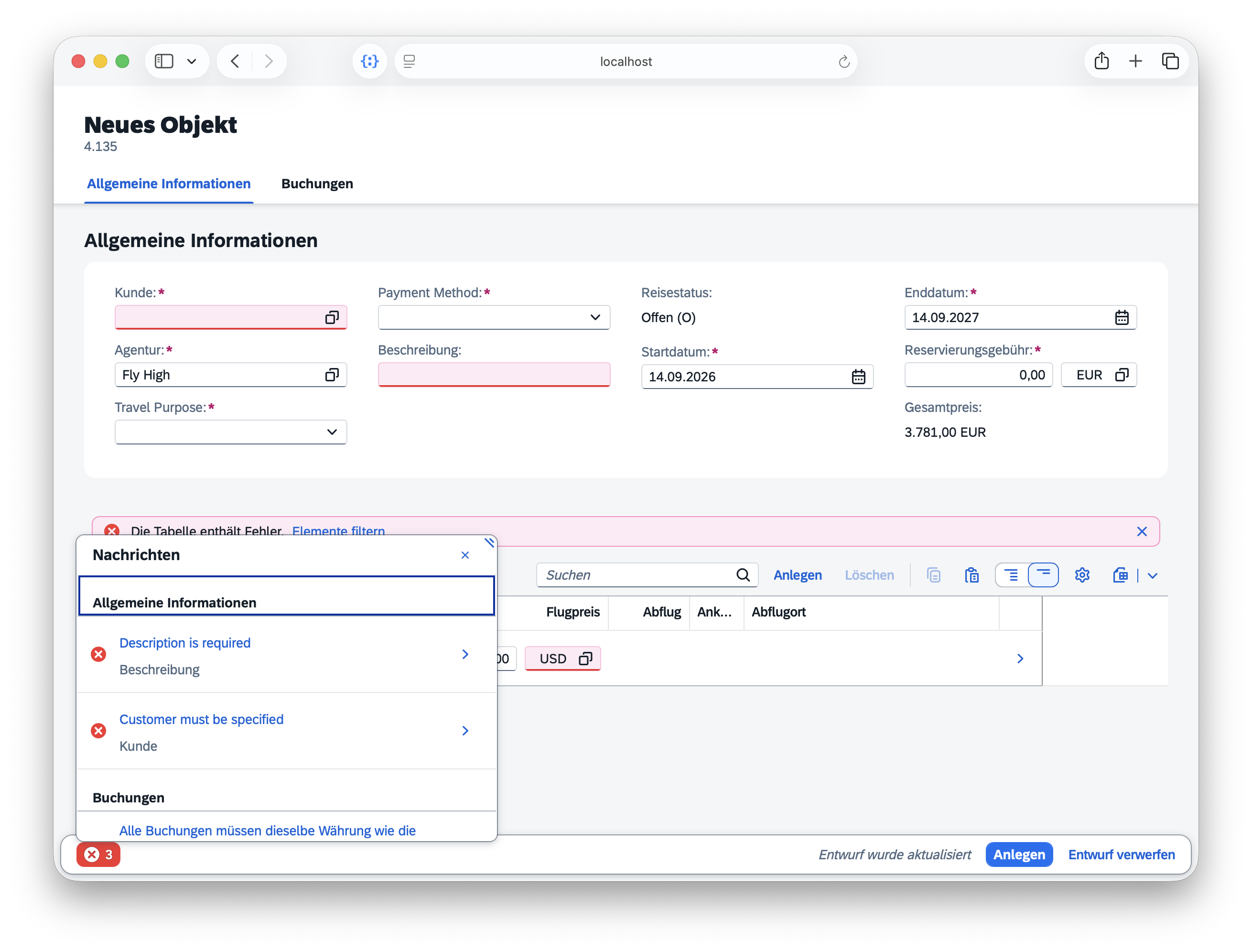 Fiori UI for creating a new travel plan