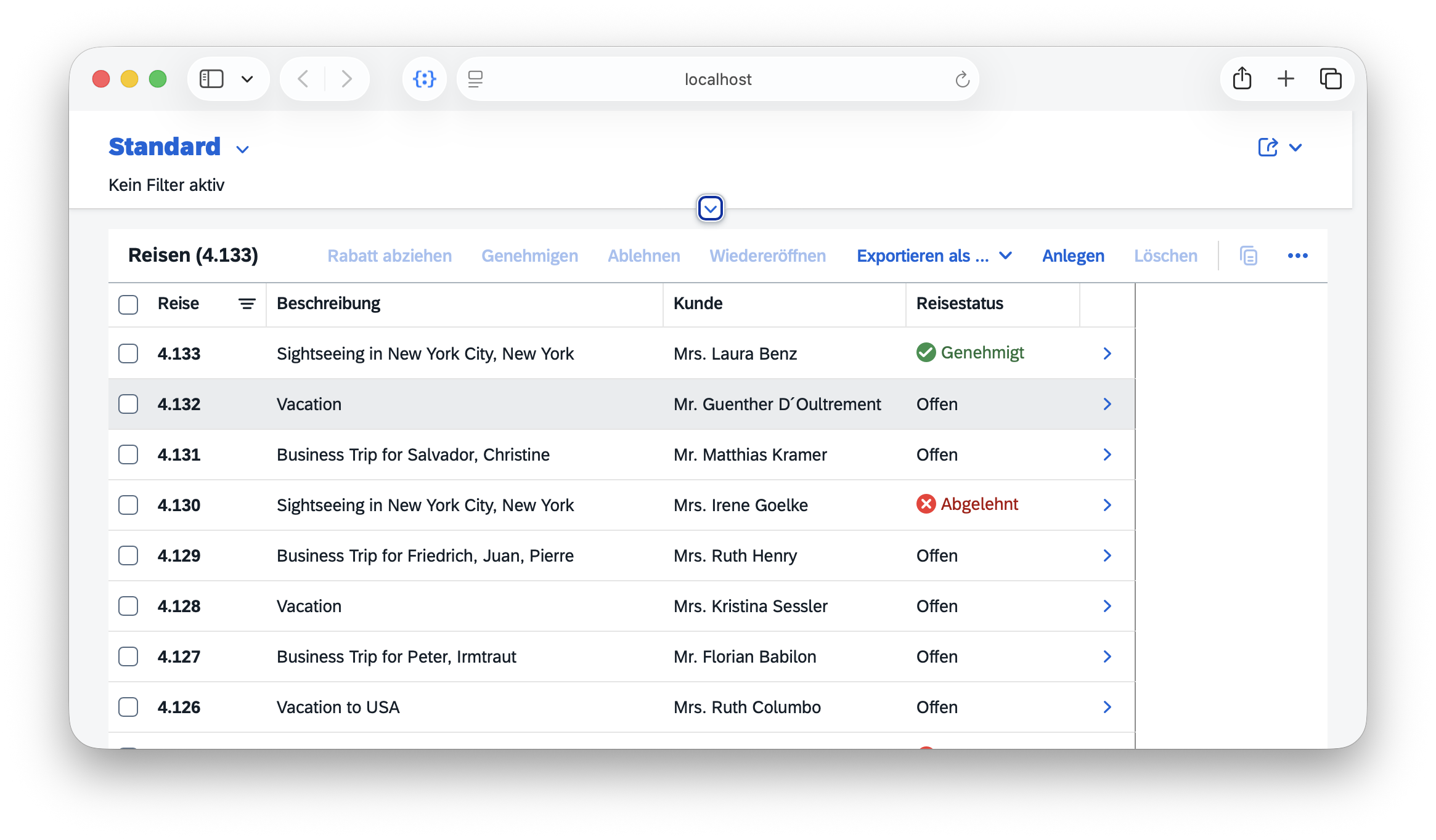 Fiori UI showing for the list of existing travel requests