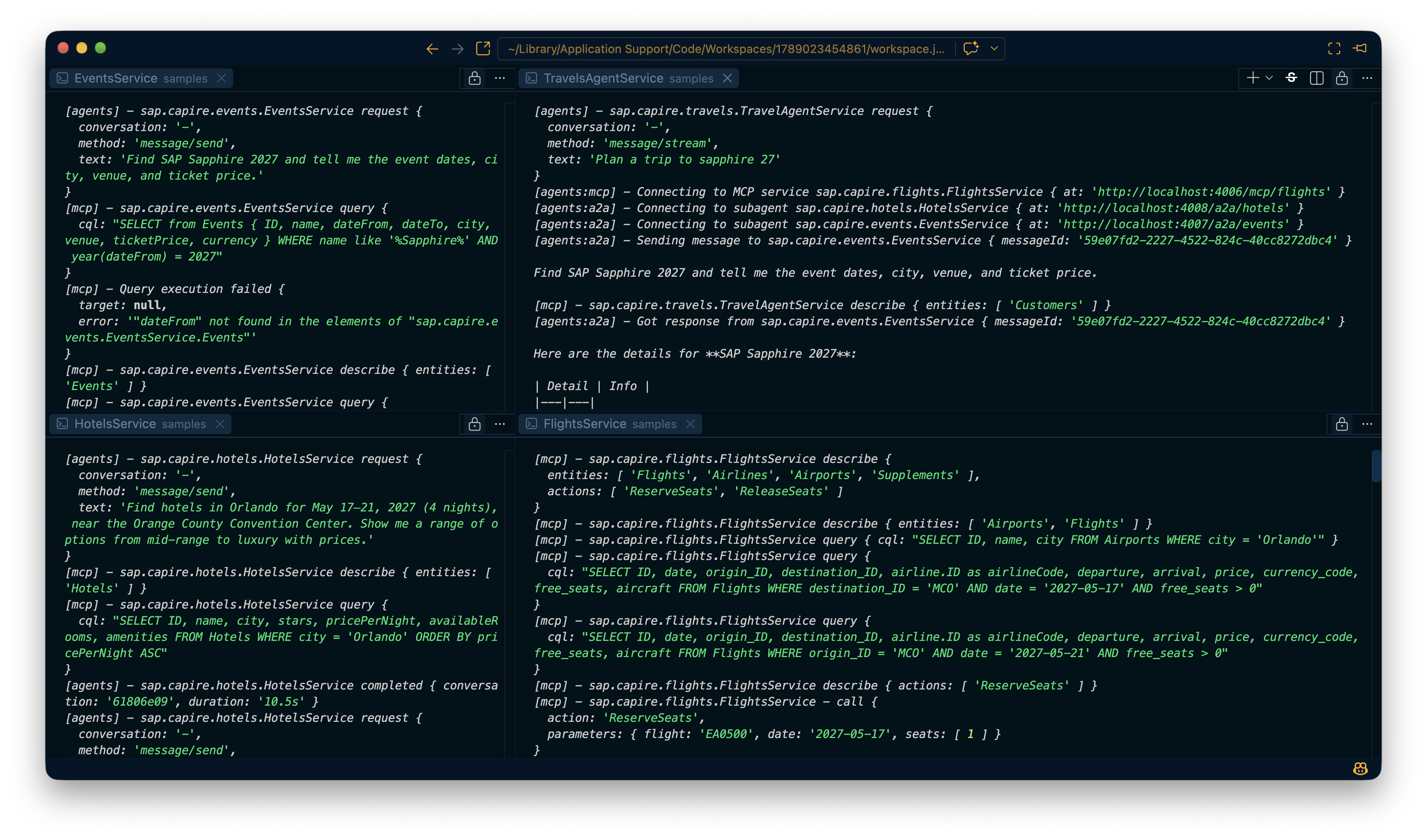 Desktop view with multiple terminal windows running XTravels services separately, including events, hotels, S4, flights, and the main xtravels service, plus an OpenCode session. The wider environment is a multi-window local development workspace, and the tone is technical and operational.